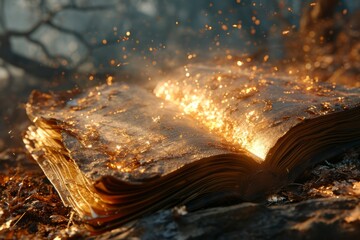 Open book with glowing pages in winter forest. Fairy tale concept.