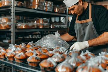 A man working in a bakery, packing freshly baked and cooled cupcakes.
