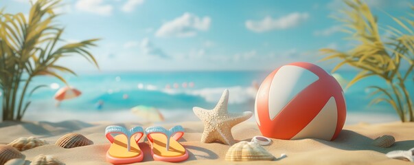 Flip-flops rest on a sandy beach, set against a backdrop of blue sea and sky, embodying the essence of a summer vacation. - obrazy, fototapety, plakaty