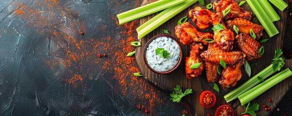 Spicy buffalo wings served with celery sticks and blue cheese dip on a rustic wooden board with a fiery red background Top view space to copy.
