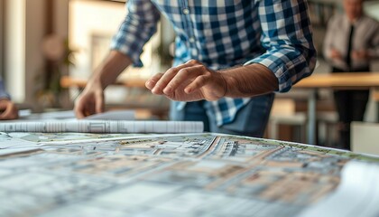Fototapeta premium Commercial Real Estate Development Blueprinting, blueprinting for commercial real estate development with an image featuring developers and investors planning office buildings, AI