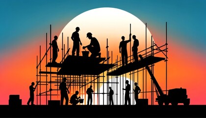 Silhouette of construction workers on scaffolding at sunset, with a vibrant sky backdrop. - obrazy, fototapety, plakaty