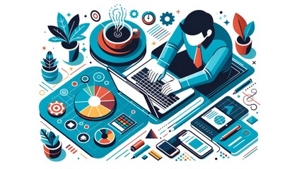 A flat design vector illustration of a person working in an office surrounded by business elements perfect for corporate materials