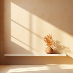 In an empty cream brown beige room studio, a vase filled with flowers sits on a shelf. Sunlight creates shadows on the wall and floor, providing a minimal backdrop.