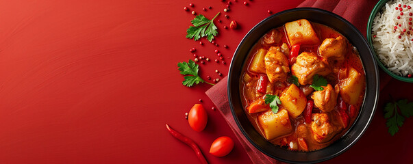 Spicy curry with chicken, potatoes, carrots and rice on red background Top view space to copy. © Dani Shah