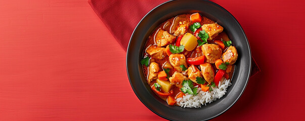 Spicy curry with chicken, potatoes, carrots and rice on red background Top view space to copy.