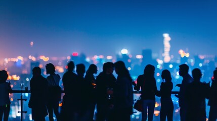 An unfocused group of people standing against a railing, taking in the city lights from a high...