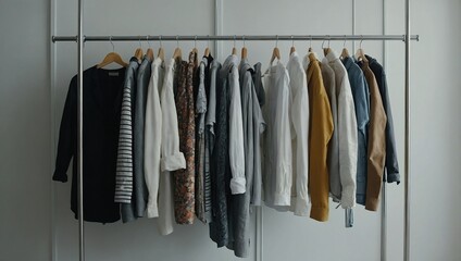 clothes hanging on rail in white wardrobe