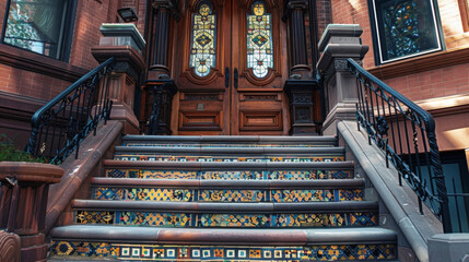A grand staircase leading up to a double door entrance of a historic townhouse featuring intricate mosaic tiles on the steps and a beautiful stained glass transom window above. - obrazy, fototapety, plakaty
