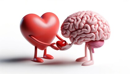 3D render of a heart and brain with arms and legs holding hands