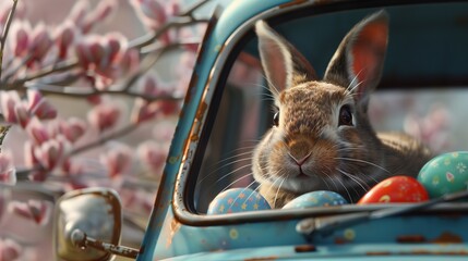 easter bunny ready for the holiday peeks out from vintage car filled with eggs