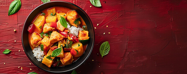 Spicy curry with chicken, potatoes, carrots and rice on red background Top view space to copy.