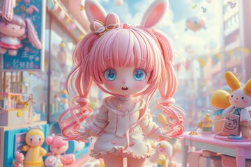 Fototapeta premium A cute anime character with pink hair and bunny ears in a vibrant, toy-filled market.