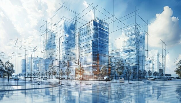 Commercial Real Estate Development Blueprinting, blueprinting for commercial real estate development with an image featuring developers and investors planning office buildings, AI