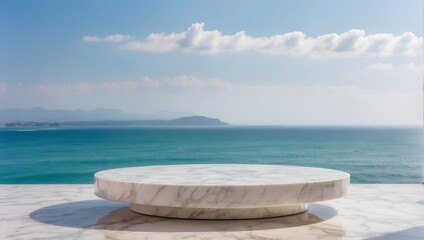 empty marble product display podium with sea , ocean background