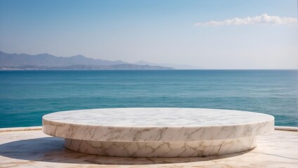 empty marble product display podium with sea , ocean background
