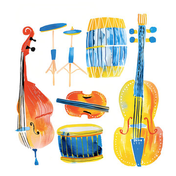 Cute watercolor musical jazz instruments set. All kinds of instruments like bass, cello, drums and others.