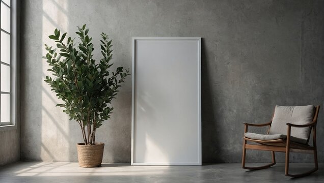 Empty white vertical rectangle poster mockup with soft hawthorn leaves shadows on neutral light grey concrete wall background, Flat lay