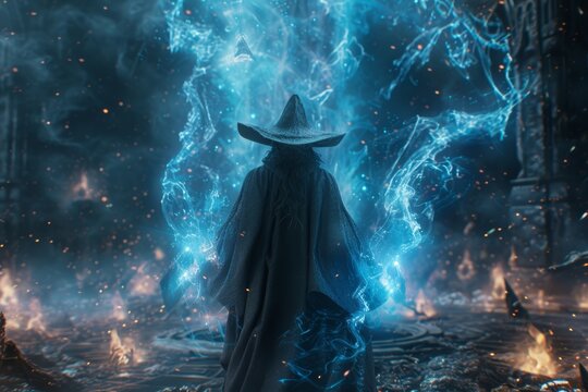 A powerful wizard casting a blue energy spell in a dramatic, battle-torn environment.

