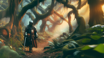 knight walking in the woods