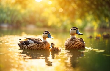 Duck family enjoy summer pond