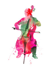 man with cello instrument expressive watercolor hand drawn illustration isolated on white background © ottercolordesigns
