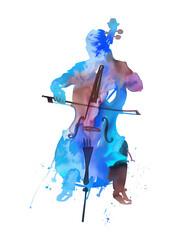 man with cello instrument expressive watercolor hand drawn illustration isolated on white background © ottercolordesigns