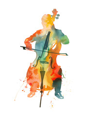 man with cello instrument expressive watercolor hand drawn illustration isolated on white background © ottercolordesigns