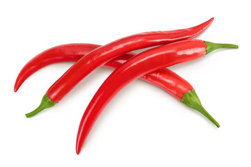 red hot chili pepper isolated on white background. Top view. Flat lay.