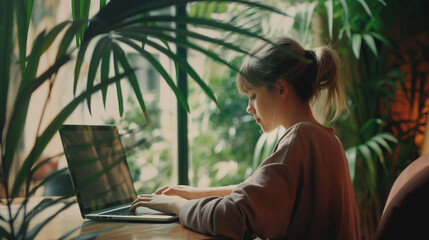 Mulher jovem e atraente trabalhando no computador portátil no café. Vista lateral da freelancer sentada à mesa e digitando no teclado.