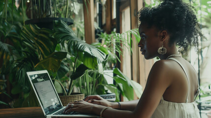 Mulher jovem e atraente trabalhando no computador portátil no café. Vista lateral da freelancer sentada à mesa e digitando no teclado. - obrazy, fototapety, plakaty