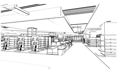 line drawing of a bookstore's aisle,3d rendering