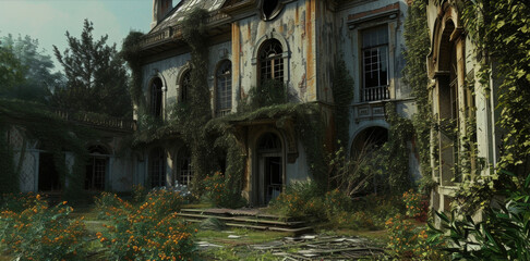 Fototapeta premium Background A dilapidated mansion with overgrown gardens and broken windows.