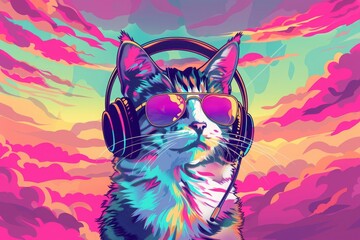 Stylized neon cat with headphones and sunglasses against a vibrant psychedelic background.

