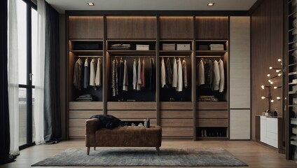 Fototapeta premium There are shelves, rods, and drawers in this contemporary, minimalist men's wardrobe. Accessory storage and organization space in the dressing room. luxury walk-in closet interior design 