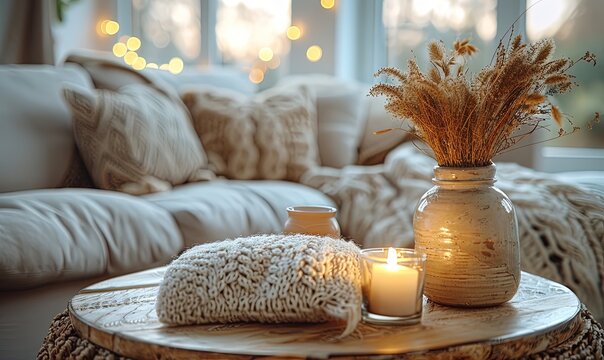 Cozy and stylish living room interior. Couch with decorative cushions in pastel neutral colors and wooden table with candles, vase with dry plants and natural decorations