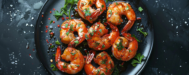 Tantalizing garlic butter shrimp on a modern black plate with a sleek silver background Top view...