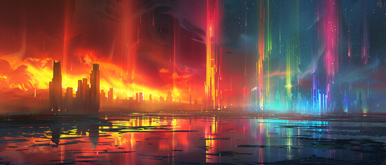 Aurora Borealis reimagined in a futuristic city mega neon lights reflecting concept art style digital painting of an urban night