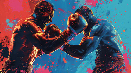 Boxing with surreal elastic arms unreal action frozen in pop art splashes dynamic crowd background - obrazy, fototapety, plakaty