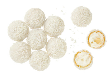 Fototapeta na wymiar round candy raffaello with coconut flakes and nut isolated on white background. Top view. Flat lay.