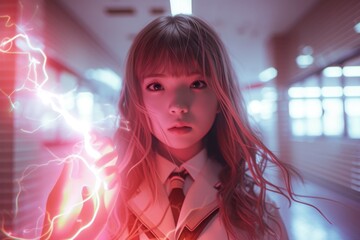 A young girl in a school uniform with a determined expression, wielding a lightning-like energy in a futuristic hallway.


