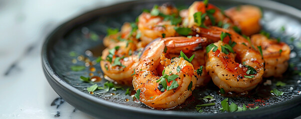 Tantalizing garlic butter shrimp on a modern black plate with a sleek silver background Top view...