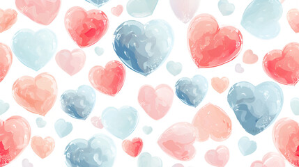 Watercolor pattern with pink and blue drawn hearts on white background. Valentine's day. Design for wallpapers, wrapping paper, poster or cover. AI Generative, banner