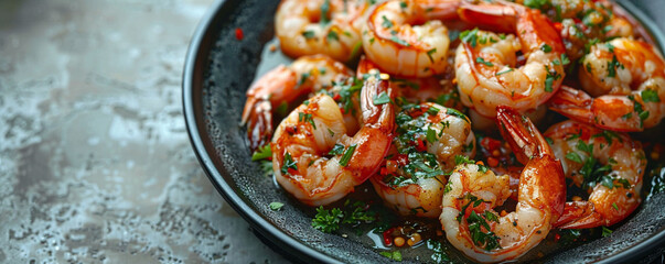Tantalizing garlic butter shrimp on a modern black plate with a sleek silver background Top view space to copy.
