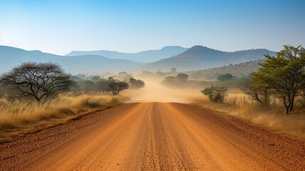 Fototapeta na wymiar Background A dusty road leading to the entrance of a game reserve.