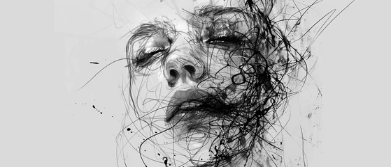 Fotobehang Sketchy minimalist portrait art focusing on expressive lines and the rawness of human emotion © Keyframe's