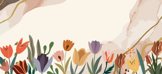 Spring background with colorful tulip flowers and copy space for text. Banners, cover, border, wallpaper design template. Trendy botanical vector illustration in neutral pink color. - obrazy, fototapety, plakaty