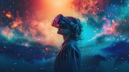 person wearing a VR headset immersed in a breathtaking virtual world, capturing the essence of VR Mania