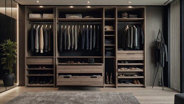 here are shelves, rods, and drawers in this contemporary, minimalist men's wardrobe, Accessory storage and organization space in the dressing room, luxury walk-in closet interior design