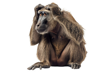 Baboon holding two hands a head shoked expression isolated on transparent background. Generative ai